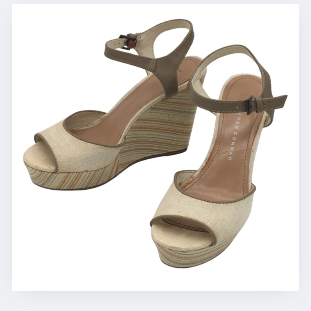 Lauren Conrad Tan Multi Color Peep Toe Platform Wedge size 7
